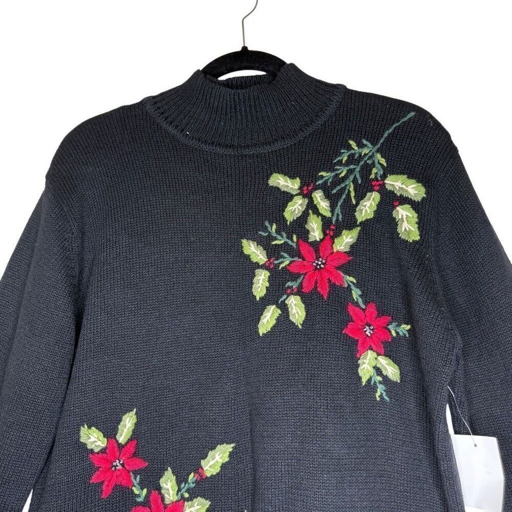 NEW Vintage Dressbarn Black Embroidered Poinsettia Swtr Sz XL Christmas NWT - Picture 2 of 16